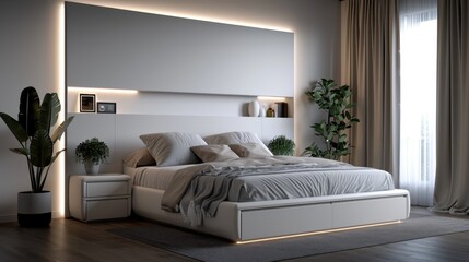 Fototapeta premium This image features a contemporary bedroom highlighted by ambient lighting, sleek furniture, and greenery, creating a harmony between modern design and natural elements.