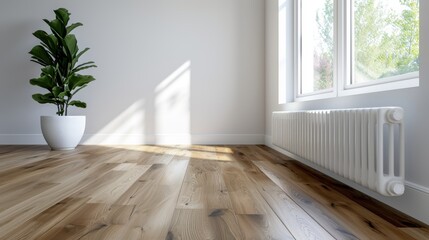 Obraz premium This image captures a spacious room with wooden flooring, bathed in natural light from large windows, emphasizing a serene, airy feeling with minimalist décor.