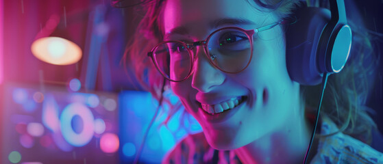 A cheerful gamer girl wearing headphones and glasses, illuminated by vibrant neon lights, laughing in joyous delight, creating a lively and energetic gaming atmosphere.