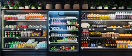 A neatly stocked refrigerator section with various drinks and dairy products, accented with lush green plants adorning the top shelf.