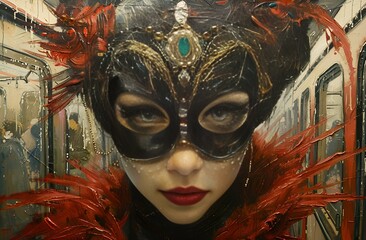 a woman wearing a mask with feathers on her head.