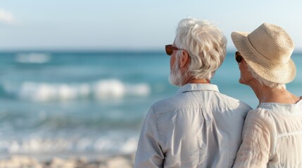 Fototapeta premium An elderly couple, wearing sun hats and sunglasses, stands on a sandy beach, gazing serenely at the calm ocean waves, epitomizing peace, love, and togetherness.