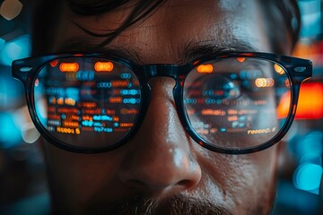 a close up of a person wearing glasses.