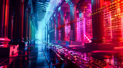 Fototapeta premium Futuristic Neon Corridor with Columns at Night