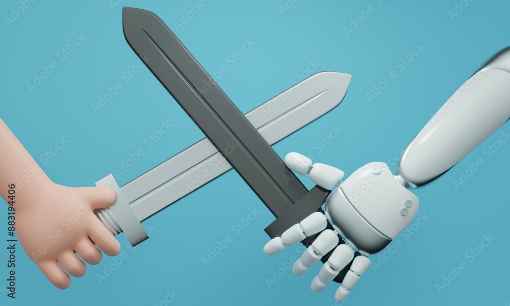 Poster human and robot clash swords, symbolizing technology's competition and conflict. 3d rendering
