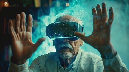 An elderly man is seen immersed in virtual reality using a headset, surrounded by a smoky atmosphere, highlighting the convergence of age and advanced technology in an evocative scene.