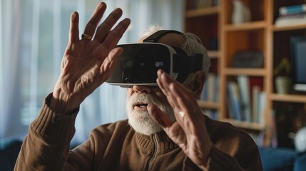 A senior man is enthusiastically exploring a virtual reality world using a VR headset in his living room, capturing the excitement and curiosity of engaging with new technology.
