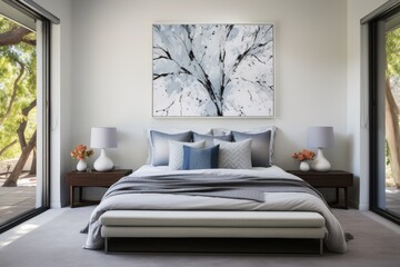 Minimalist Stylish Bedroom with Neatly Made Bed and Decorative Pillows, No People Present