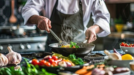 Focused Chef s Grip on Skillet Crafting Bountiful Gourmet Meal in Rustic Culinary Scene
