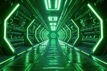 A long, narrow corridor with green neon lights and pipes on the walls