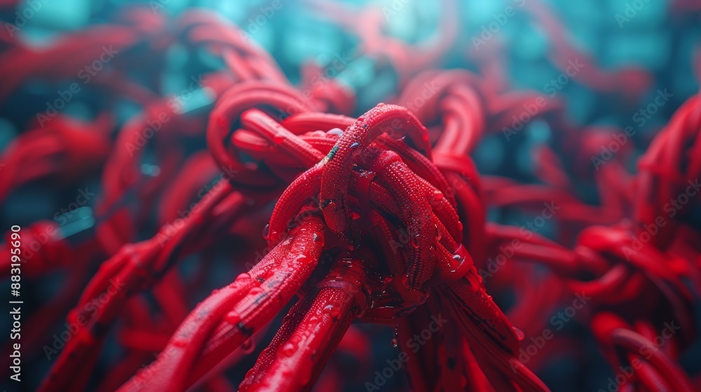 Poster tangled electrical wires: a chaotic bundle of tangled red color electrical wires, emphasizing the ne
