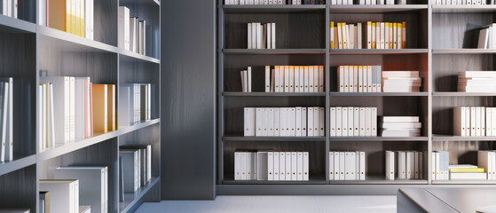 Modern library interior featuring organized bookshelves filled with books, bathed in minimalist and clean design.