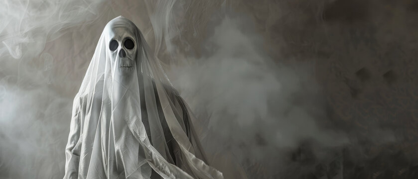 A menacing ghostly figure with a skull face, shrouded in translucent white fabric, emerges from dark, swirling mist, evoking dread and mystery. - Powered by Adobe