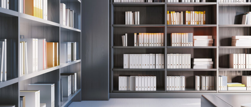 Modern library interior featuring organized bookshelves filled with books, bathed in minimalist and clean design.