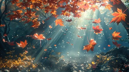 Fototapeta premium Vibrant Maple Leaves Floating Through Peaceful Sun Dappled Forest Landscape