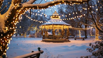 Obraz premium Snow-covered gazebo with Christmas lights in peaceful winter park at dusk