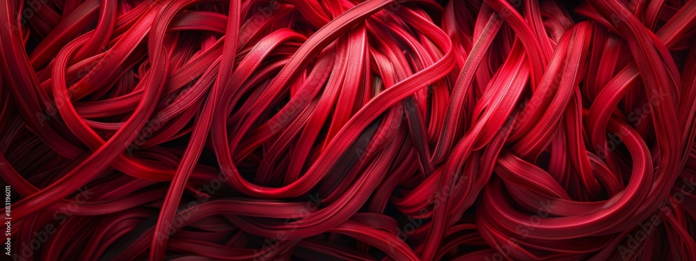 Poster tangled electrical wires: a chaotic bundle of tangled red color electrical wires, emphasizing the ne
