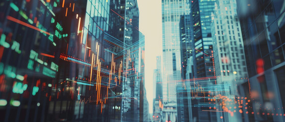 Skyscrapers bathed in digital lines and data, encapsulating the fusion of urban landscape and technological advancement in a bustling metropolis.