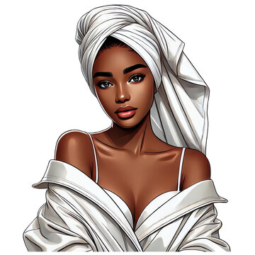 Melanin girl wearing a white robe - beautiful black skin woman 
