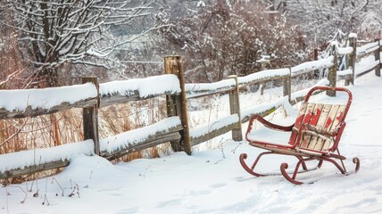 Old wooden sled near snowy fence in winter scene