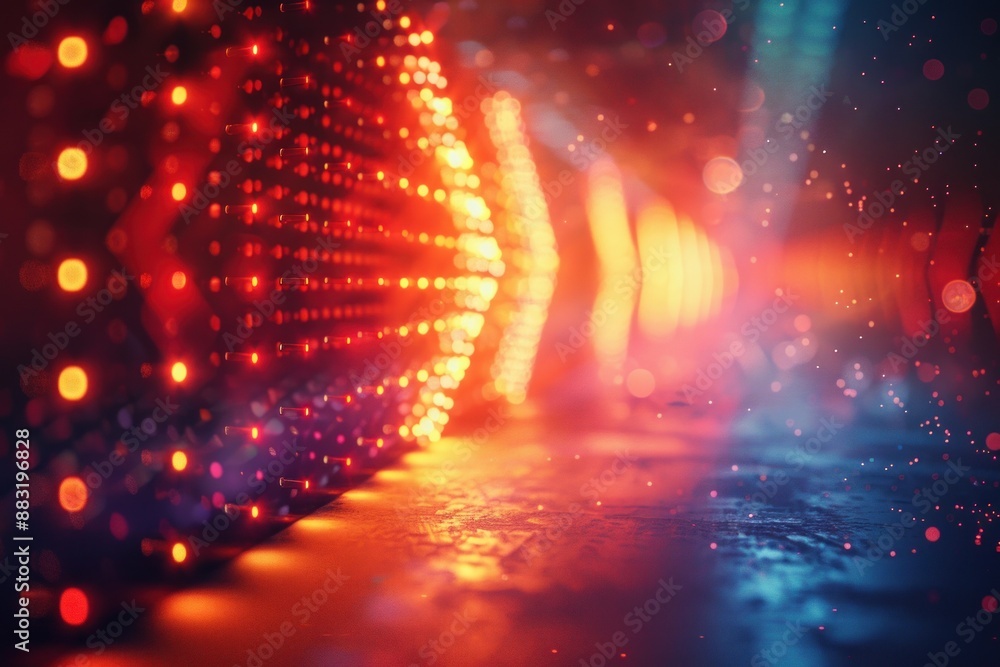 Poster red and blue lights reflect on wet pavement, creating an abstract and colorful scene