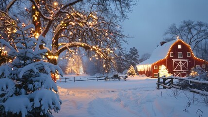 Snowy evening with festive lights on rustic barn and trees, creating cozy winter scene