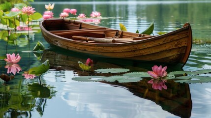 Obraz premium Create a charming rowboat gently floating on a tranquil pond surrounded by blooming lotus flowers.