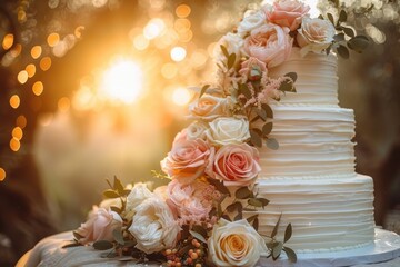 A white wedding cake with pink rose decorations sits on a table in the golden light of sunset