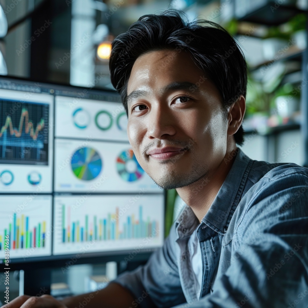 Poster a man smiles confidently as he analyzes data displayed on a computer screen