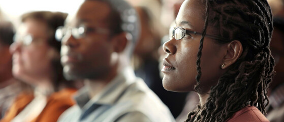 Obraz premium A contemplative woman with glasses and dreadlocks listens intently during a public seminar, reflecting engagement and focus.