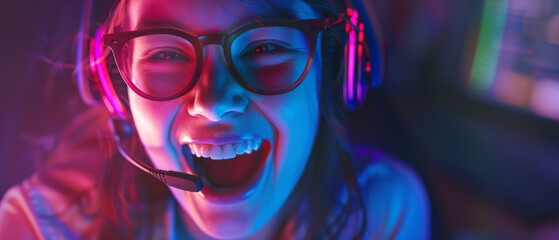 A young woman gleefully shouting into a microphone with vibrant neon lighting, capturing the thrill and excitement of high-energy gaming.