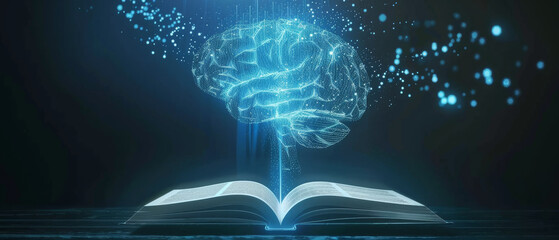 A digital rendering of a brain above an open book, symbolizing the connection between knowledge and neural networks in a futuristic environment.