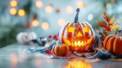 Halloween-themed scene with a carved pumpkin jack-o'-lantern surrounded by smaller pumpkins, leaves, and festive autumn decorations.
