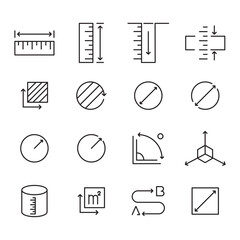 Line icons about length, weight and volume. Contains such icons as ruler, m2, area and more