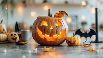 Fototapeta premium Festive Halloween scene with a glowing jack-o'-lantern, spooky decor, and autumn leaves on a wooden table, perfect for seasonal celebrations.