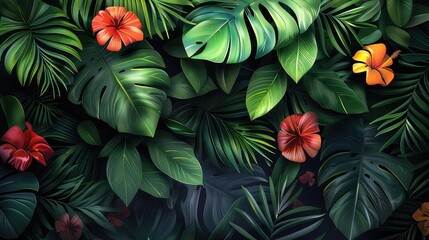 Lush tropical leaves and red hibiscus flowers on dark background