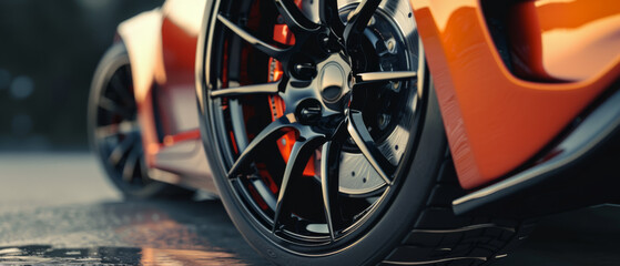 A detailed image of a sleek car wheel featuring a black alloy rim against the backdrop of an orange...