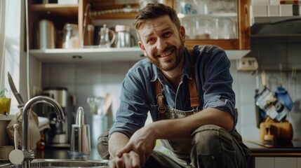 Obraz premium Smiling plumber in front of the kitchen sink