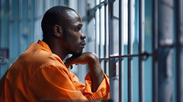 An evocative image of a person in an orange prison jumpsuit leaning against the bars of a prison cell, reflecting on their situation and experiencing feelings of regret and sorrow.