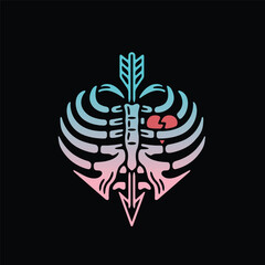 Human rib cage with heart and arrow. Love and death vector. Vintage print.