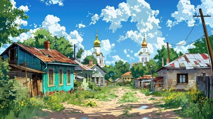 Fototapeta premium Rural Village Landscape with Church in the Distance