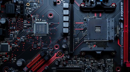 Fototapeta premium A close-up of a motherboard with detailed and intricate circuits, showcasing various electronic components and sophisticated design, portraying modern computer hardware technology.