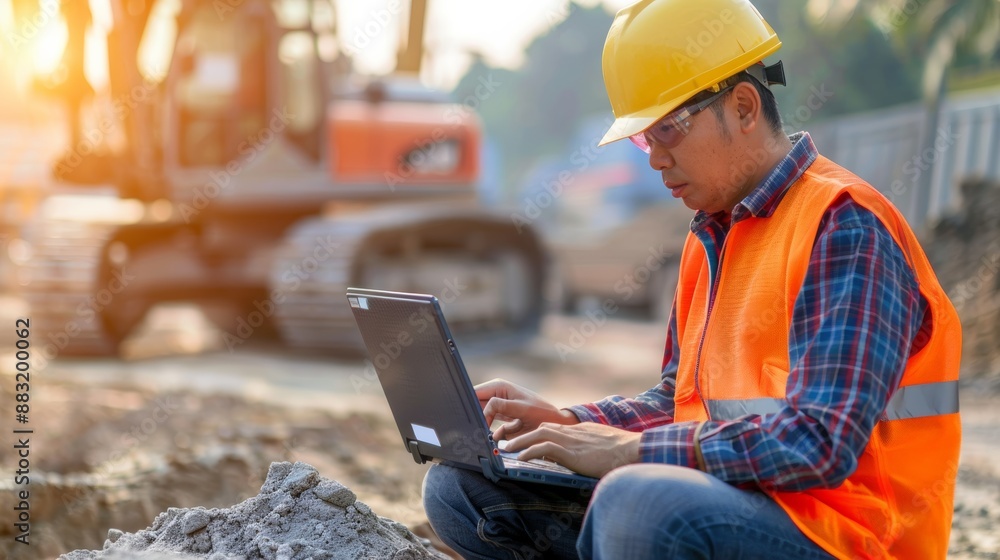 Poster civil engineer at construction site using computer laptop checking a work. management in the constru