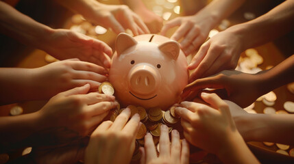 Many Hands With Piggy Bank Symbolizing Collective Saving 
