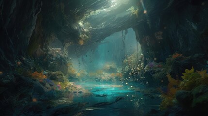 Bioluminescent aquatic cavern with a hidden entrance