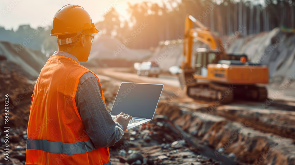 Poster civil engineer at construction site using computer laptop checking a work. management in the constru