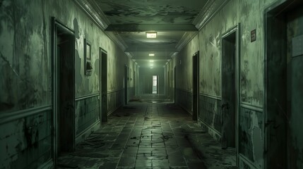 spooky, abandoned asylum with flickering lights, cracked walls, and eerie, distant screams echoing through the hallways. 
