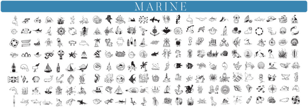 200 Marine handdrawn elements, sea illustrations, oceanwater, fish, animals, sea creatures, nautical elements, big collection