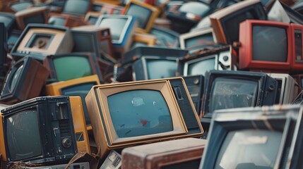 An image featuring a heap of colorful vintage television sets discarded in an urban scrapyard, symbolizing technological obsolescence and the cycle of consumer culture.