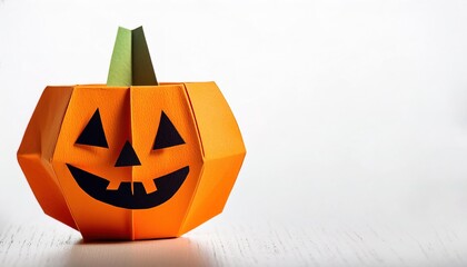 Halloween concept origami isolated on white background carved pumpkin jack o lantern. Orange pumpkin with smile for your design for the October holiday